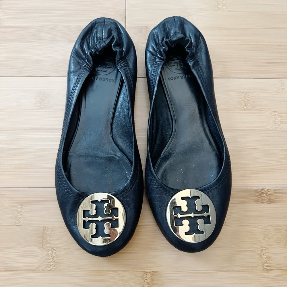 Tory Burch Black Flats with Gold Emblem